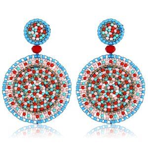 Multicolored Beaded Double Round Disc Boho Drop Statement Post Back Earrings